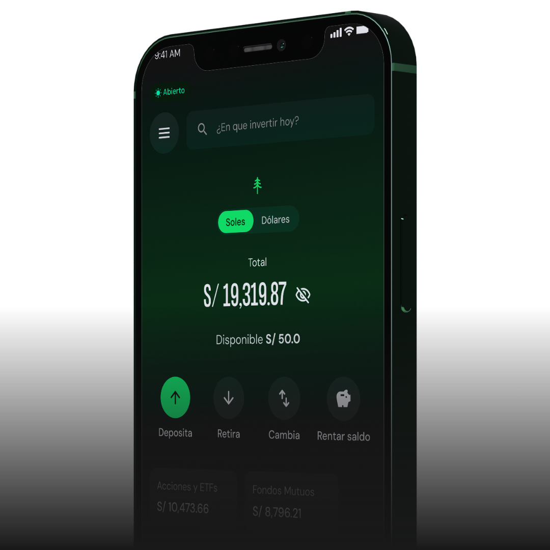 App de trii mostrando el portafolio, el saldo disponible y las opciones de depositar, retirar y rentar saldo